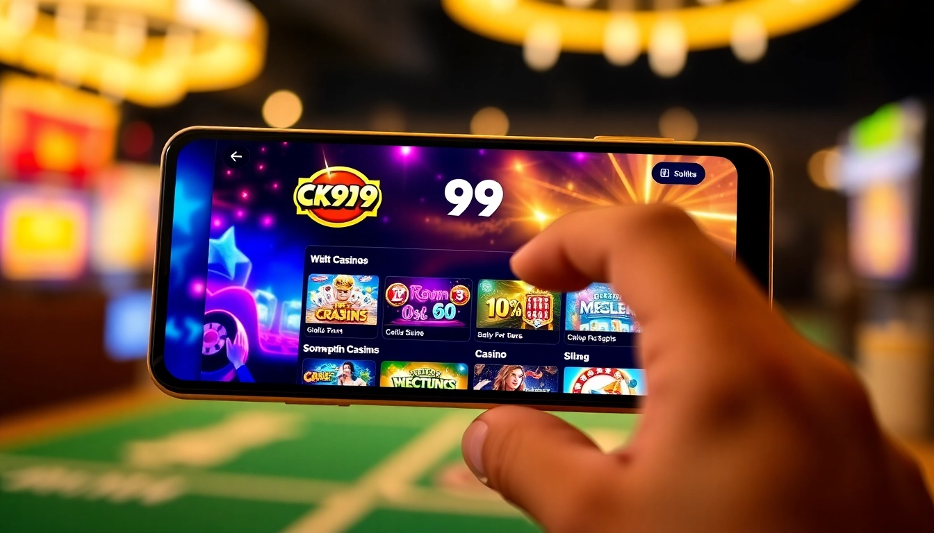 CK999 app shown on a smartphone with casino games, highlighting seamless gaming on iOS and Android devices for easy access and entertainment.