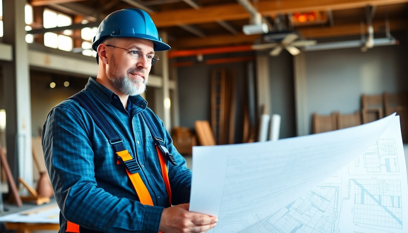 Experienced contractor reviewing blueprints on a busy construction site for quality assurance and project management.