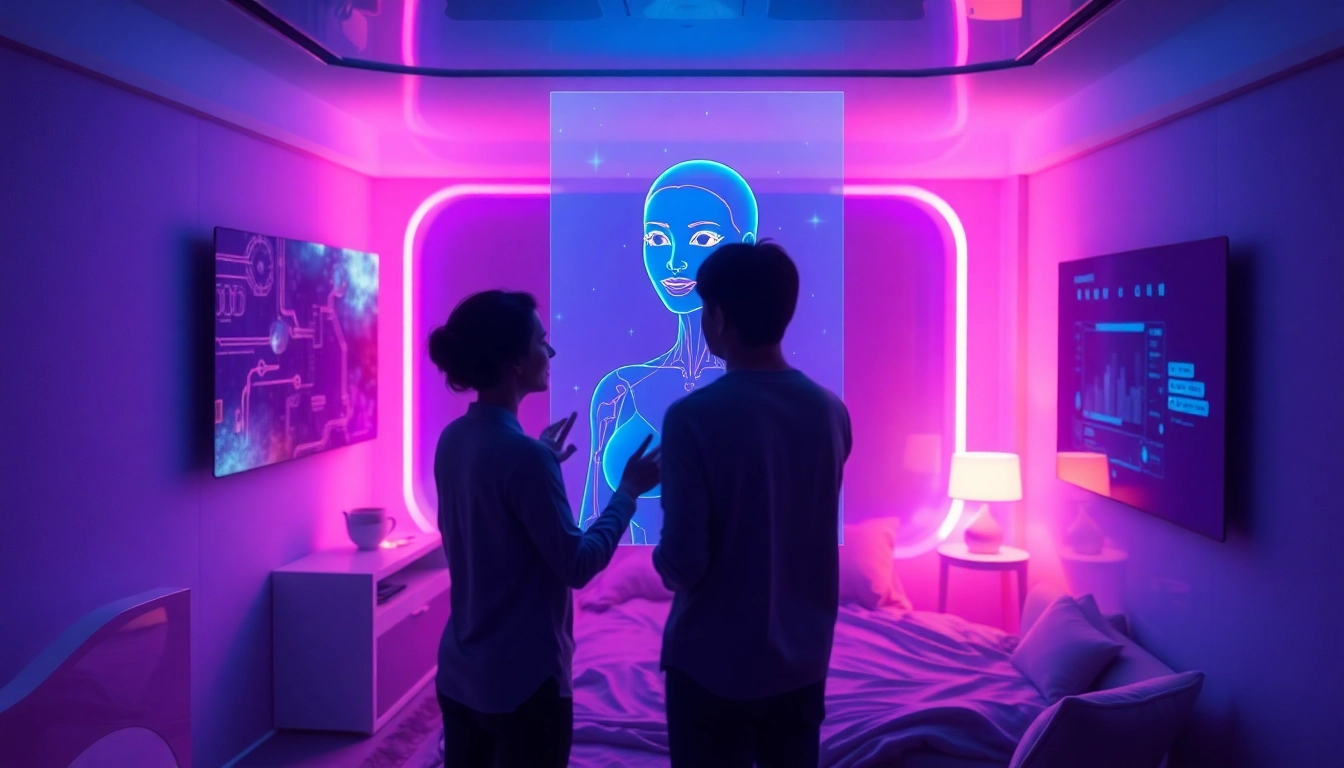Futuristic scene of a person interacting with a glowing AI hologram in a modern, neon-lit room.