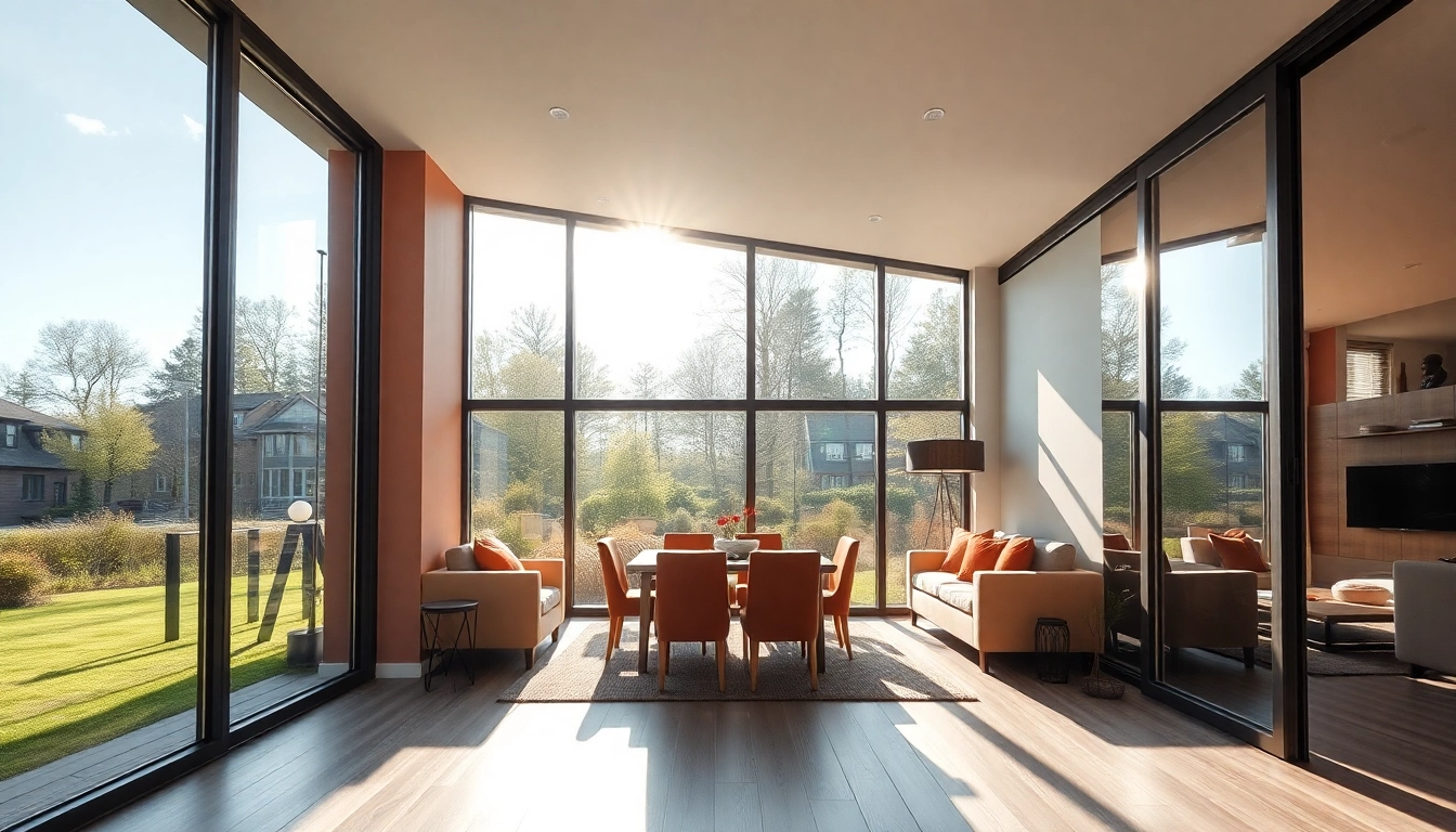 Beautiful living room with large, energy-efficient okna veka bydgoszcz, enhancing natural light and modern aesthetic, showcasing high-quality PVC and aluminum frames in Bydgoszcz.