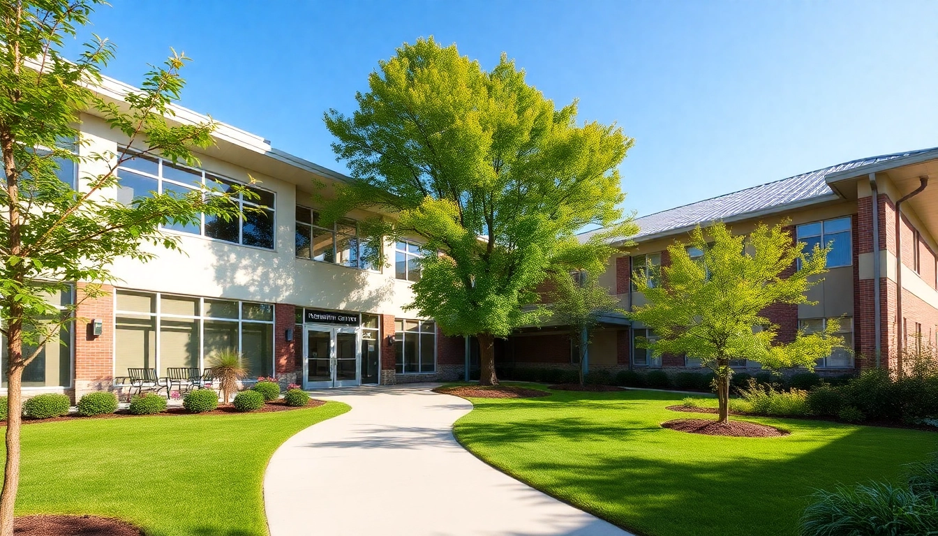 Rehabilitation center in a peaceful green setting with outdoor spaces for healing and patient recovery.