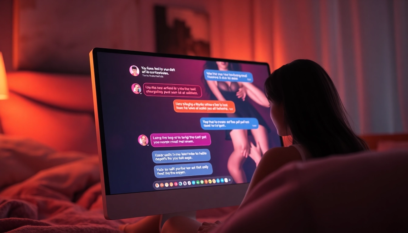 Close-up of an AI chat interface with visual content, glowing text bubbles, and a cozy background, representing immersive adult AI interactions.