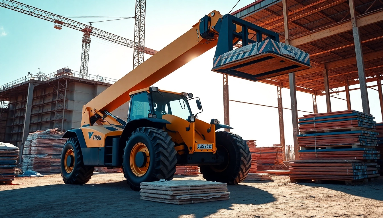 Reliable telehandler rental for construction projects, showcasing a rugged machine lifting cargo on site for efficient material handling.