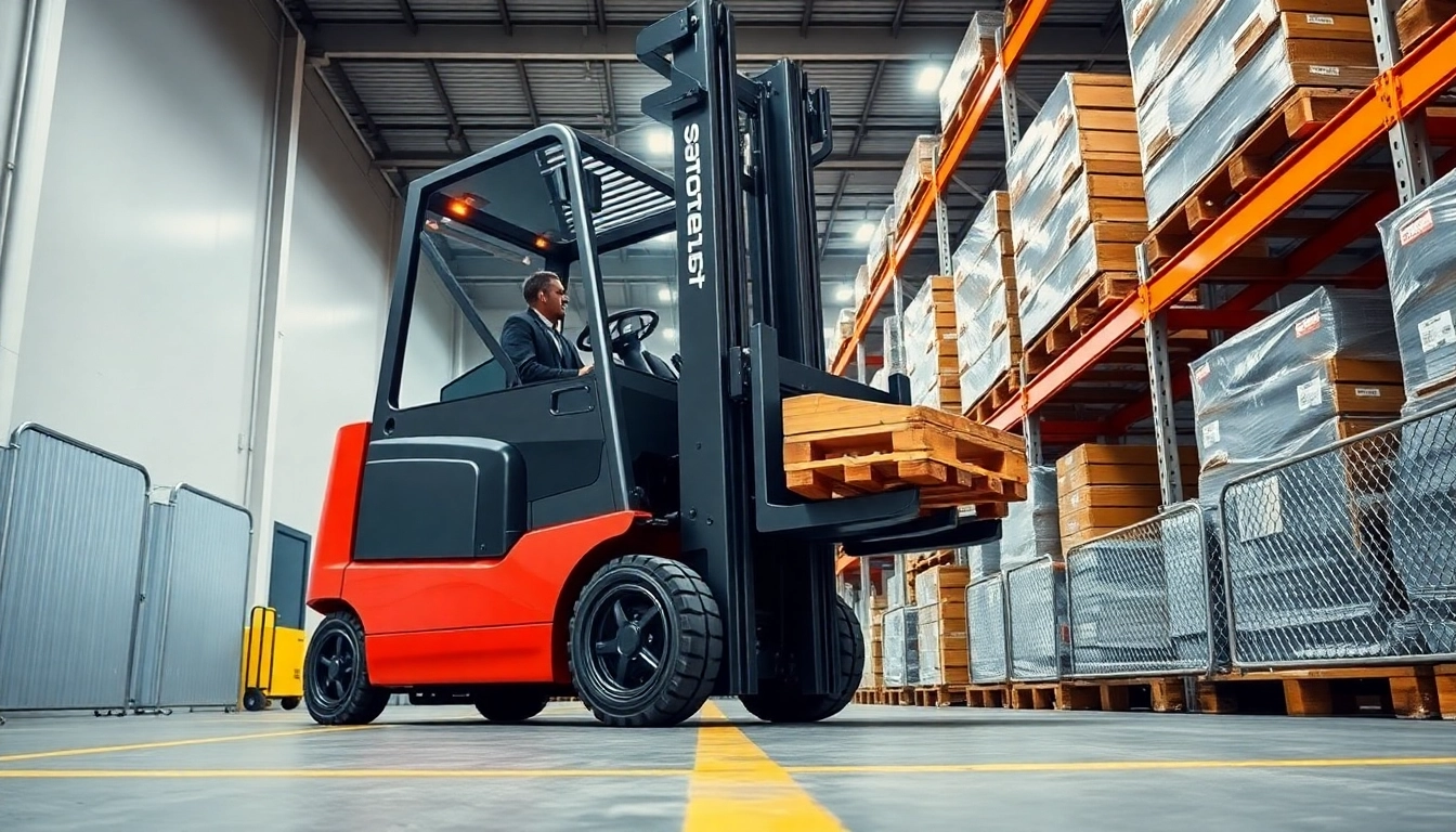 Forklift rental services showcasing a powerful forklift lifting pallets in a clean warehouse environment, emphasizing reliable heavy machinery for business needs.