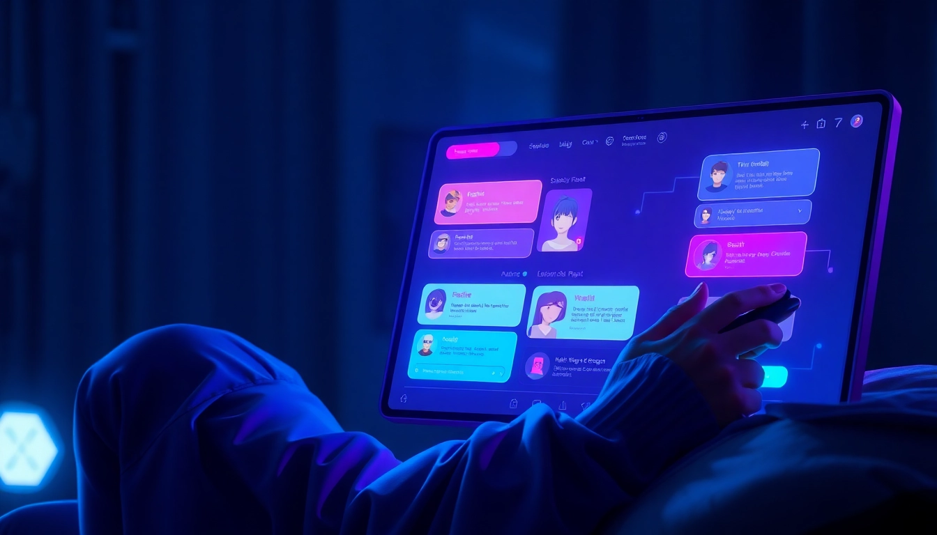 Futuristic digital interface showing AI sexting interactions with vibrant avatars in a dimly lit room.