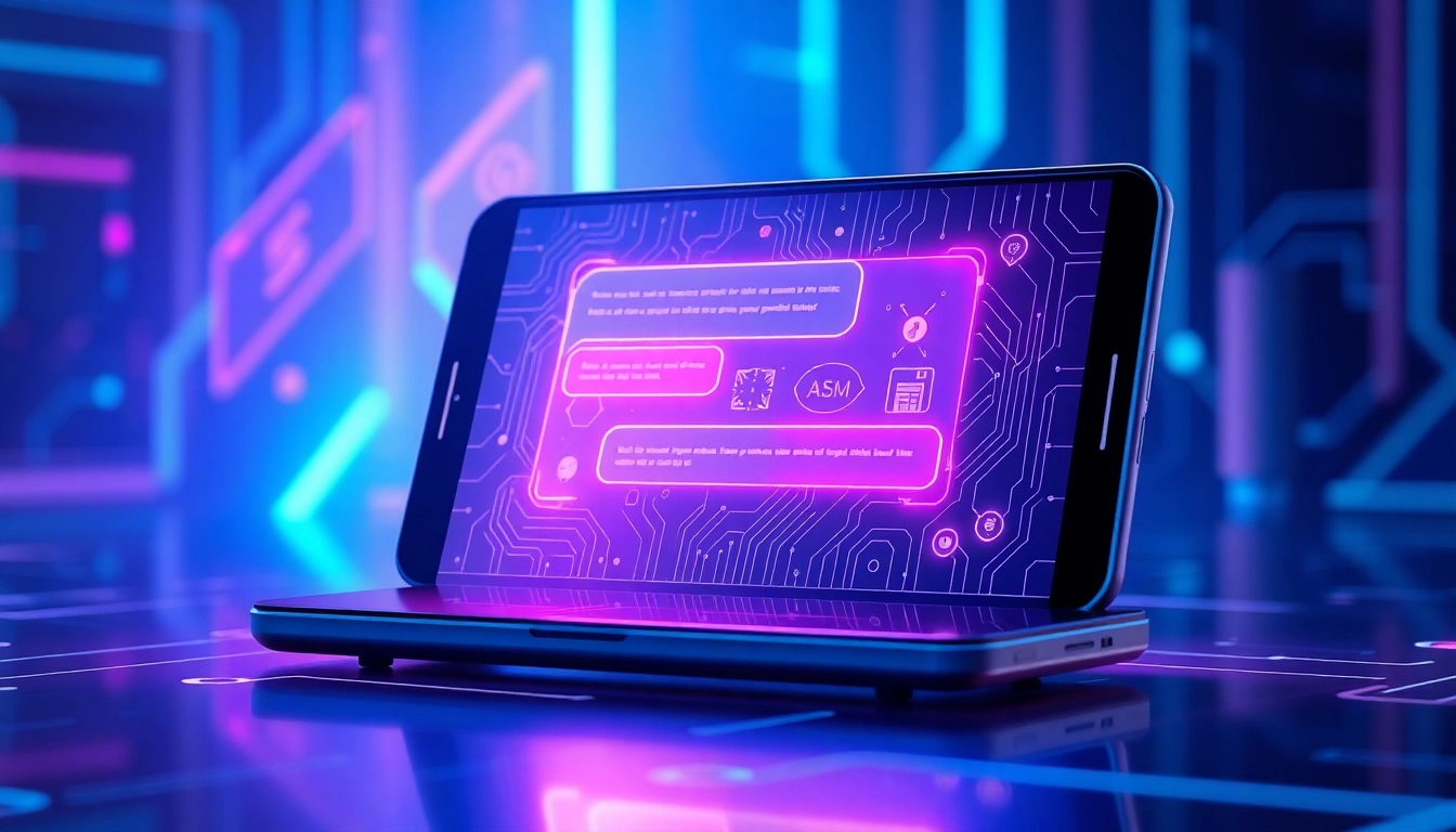 Futuristic AI chatbot interface on a sleek device with glowing chat bubbles and digital data streams in a sci-fi environment.