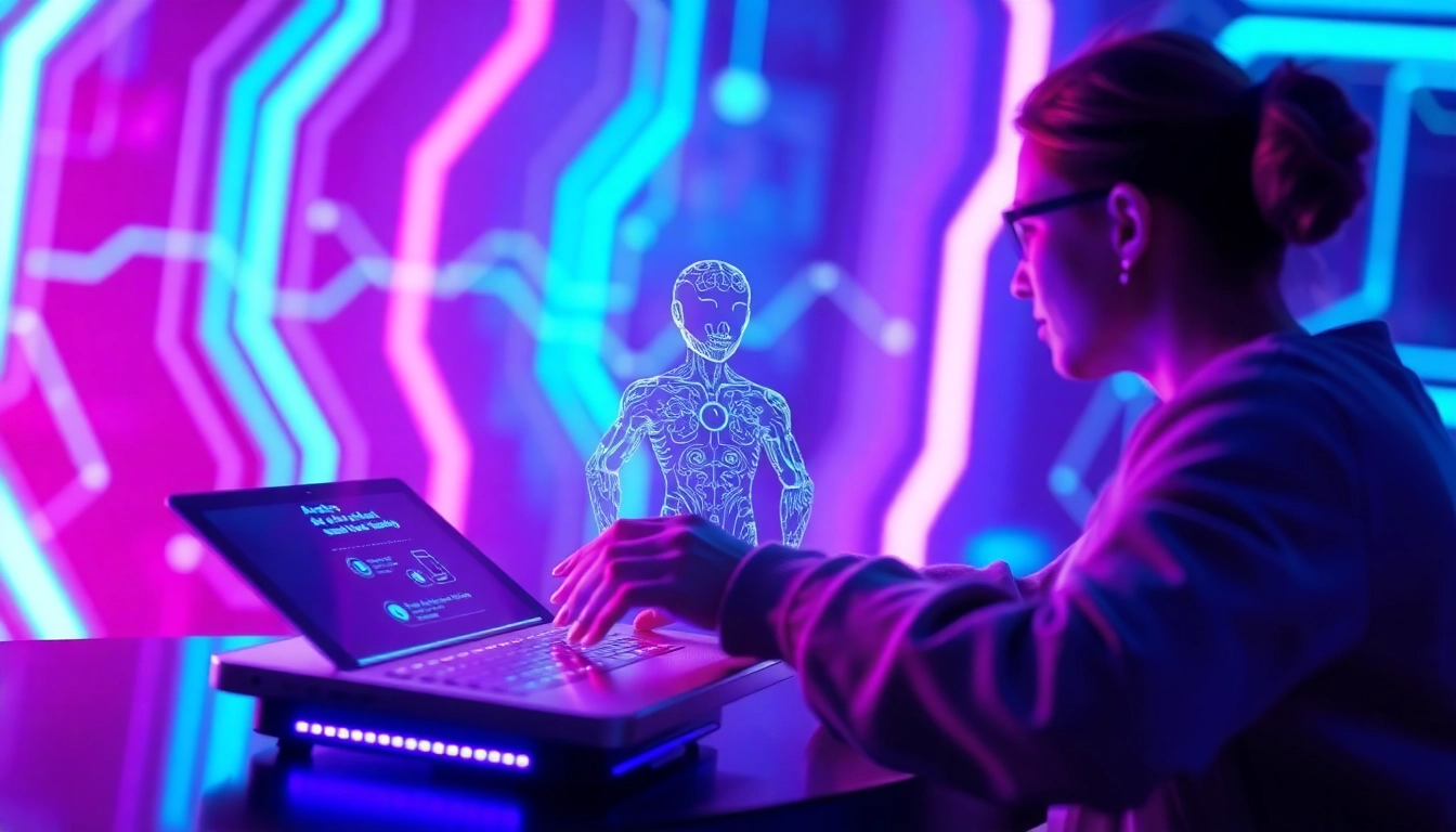 Futuristic scene of a user interacting with a holographic AI character on a sleek device with neon accents and cyber environment background.