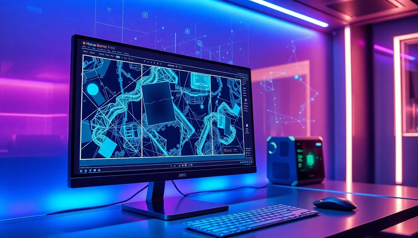 Futuristic workspace showcasing advanced AI image editing on a high-tech monitor with vibrant colors and holographic data streams.