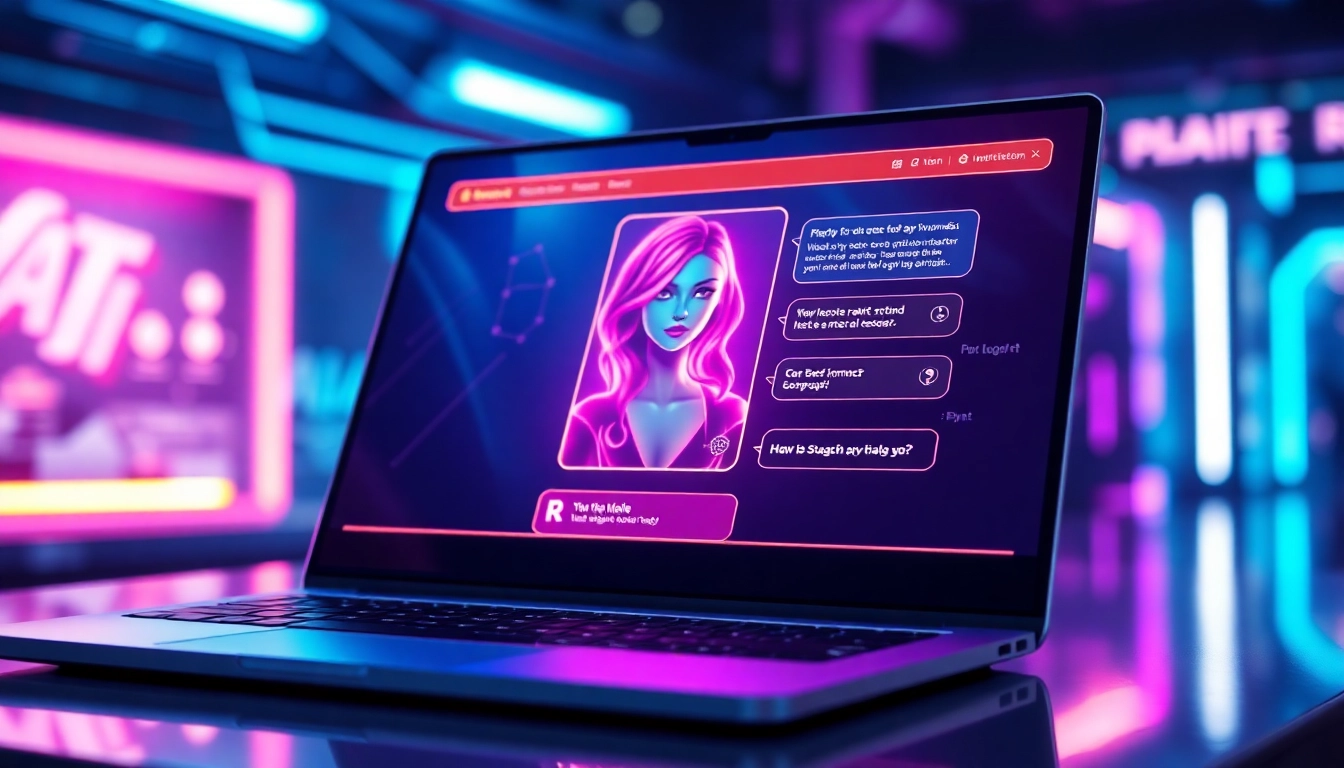 Futuristic AI chatbot interface with holographic character on a sleek digital screen