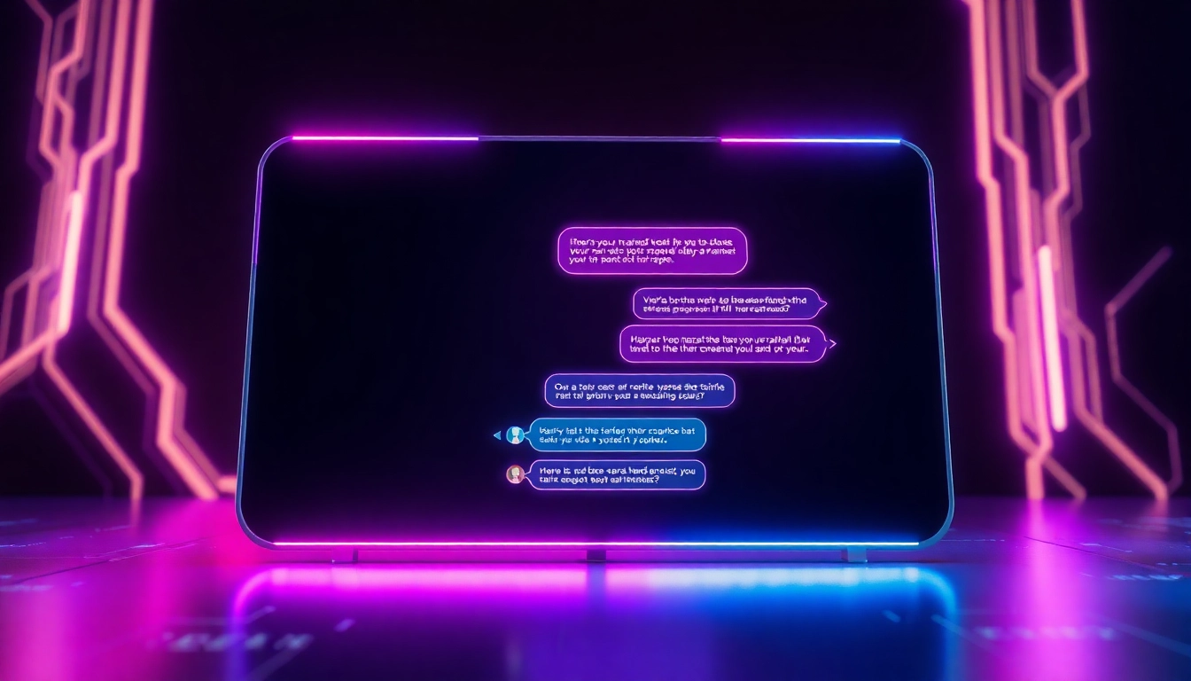 A futuristic digital chatbot interface with vibrant neon colors and holographic elements, showcasing AI conversation in a sleek, modern setting.