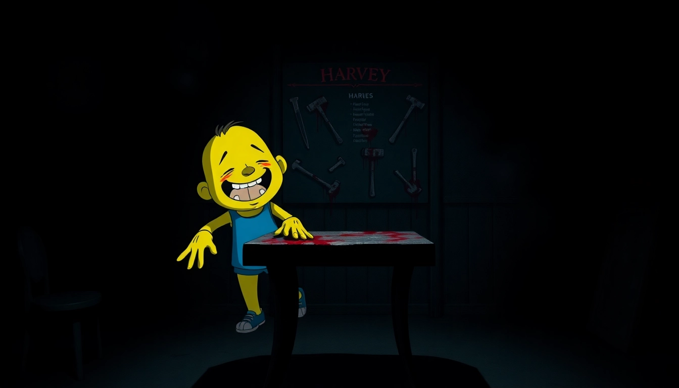 A disturbing scene of Harvey suffering as he's clicked on in a dark, eerie room, with a menu of violent tools behind him.
