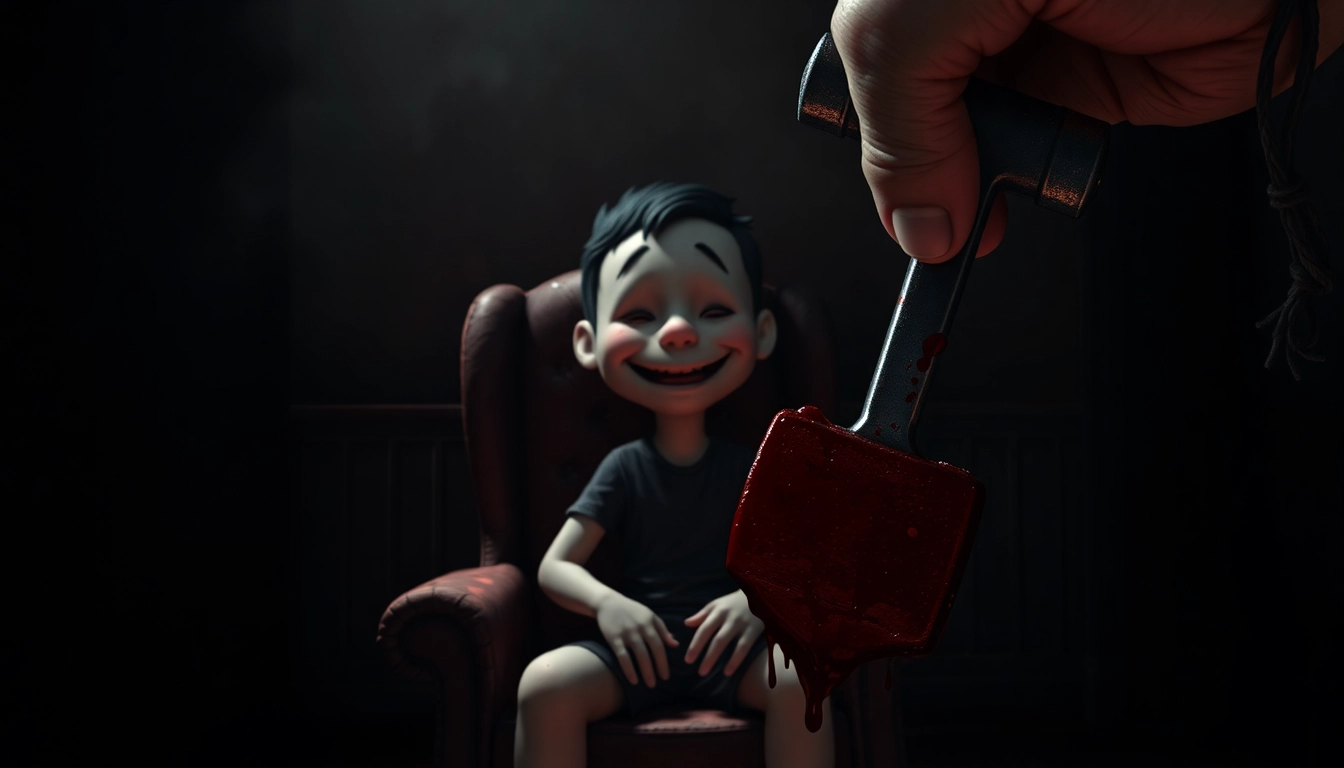 A disturbing scene of Harvey, a cheerful cartoon character, in a dark room with ominous tools, showing his suffering as a hand prepares to inflict pain, symbolizing moral conflict and psychological horror.