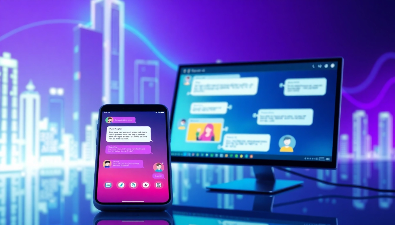 Futuristic digital chat interface on mobile and desktop screens with glowing cityscape background