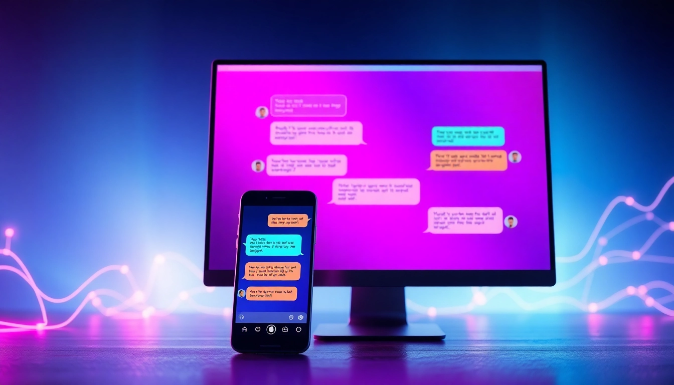 Futuristic digital chat interface with colorful conversation bubbles on devices, glowing background, and digital data elements.