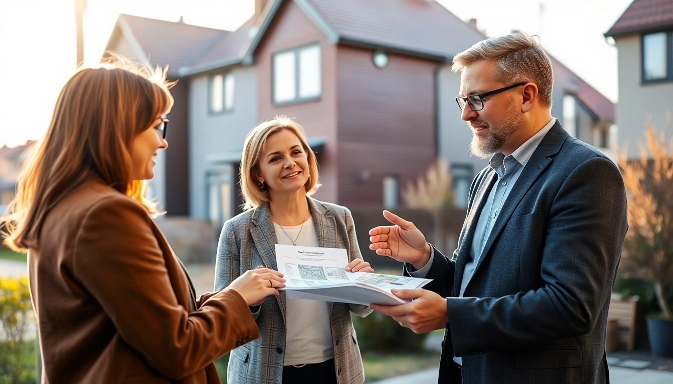 Immobilien Grevenbroich: Expert real estate agent showcasing a beautiful home to potential buyers outdoors.