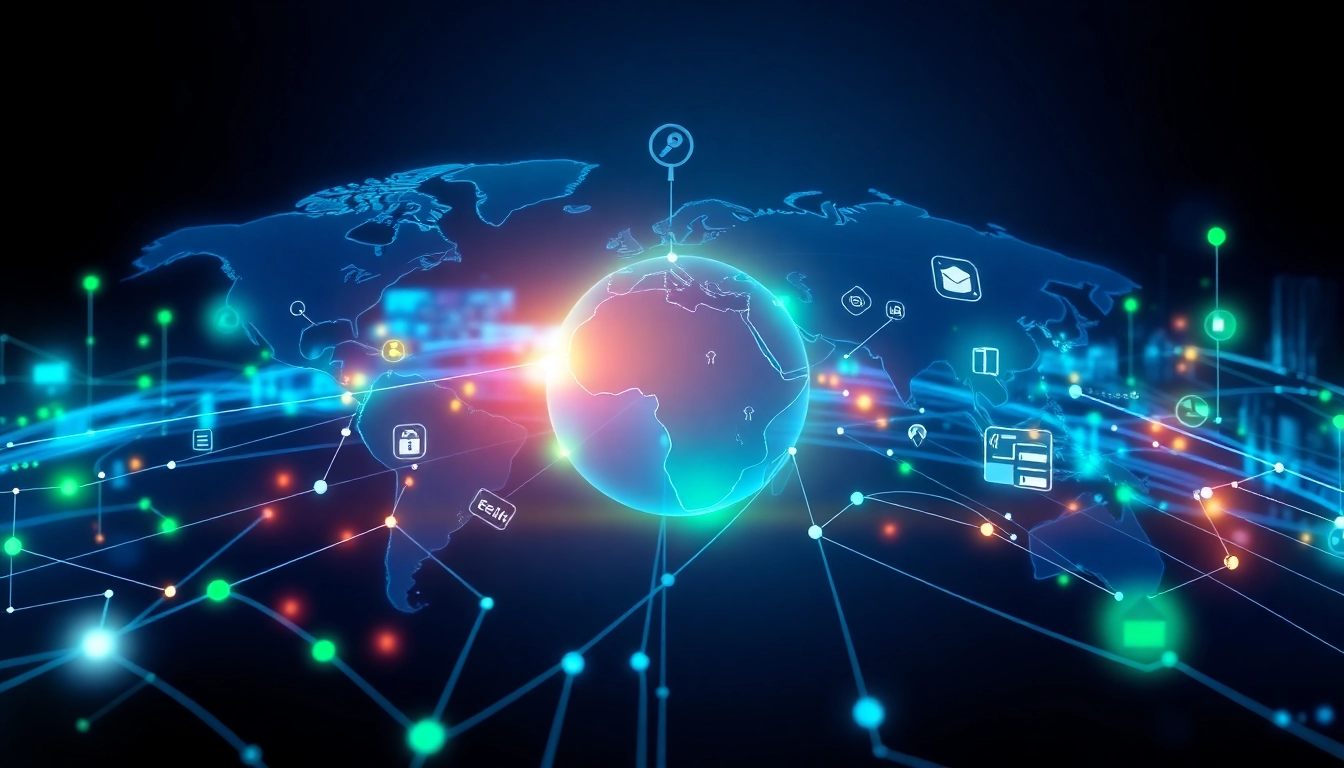 KJC logo with interconnected digital icons symbolizing a global tech and entertainment ecosystem, highlighting innovation and connectivity.