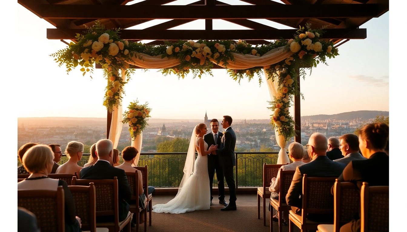Wedding photo in Liège capturing an outdoor ceremony with floral decorations and city skyline for mariage Liège.