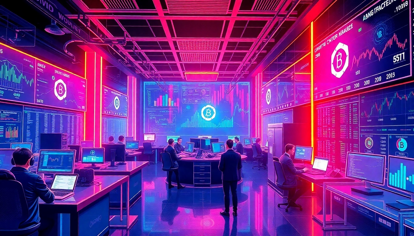 Crypto exchange platform with traders and digital blockchain interface, highlighting secure