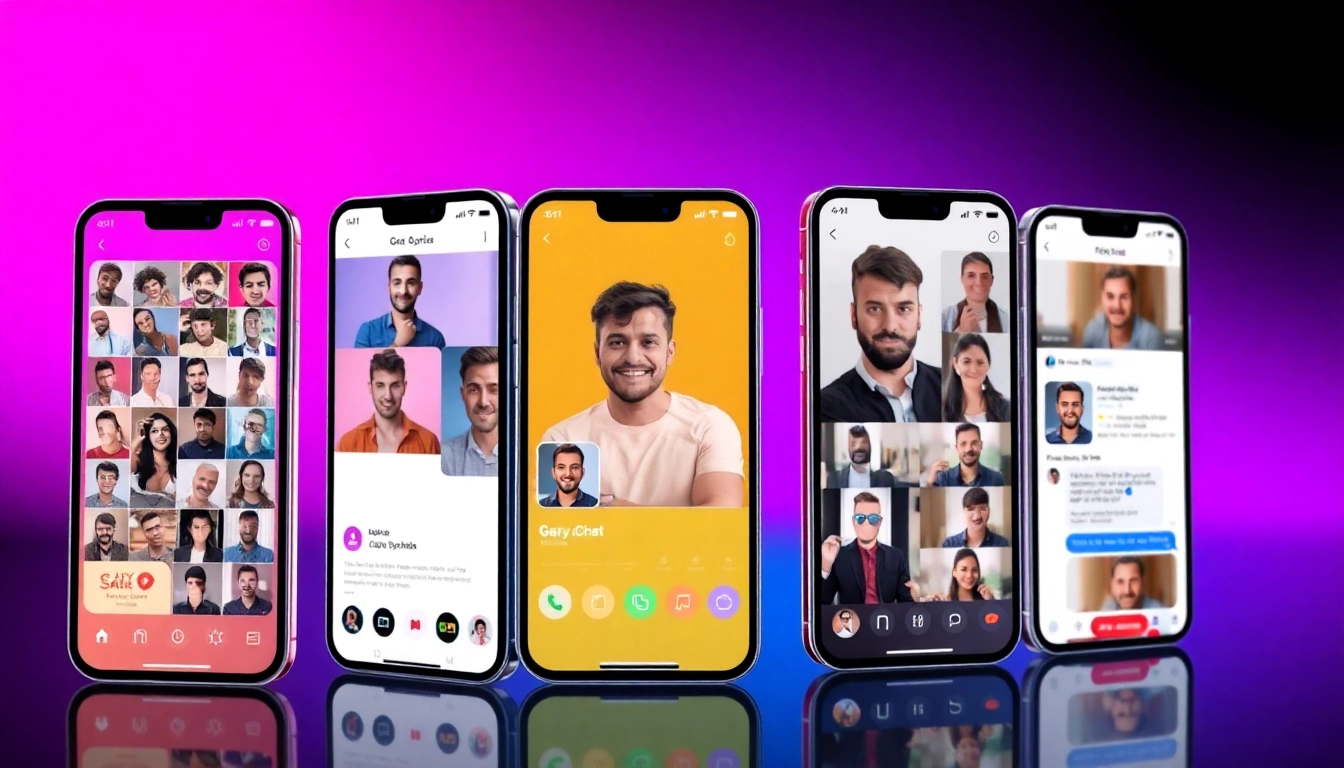 Engaging gay chat platform with diverse users connecting via text and video in a friendly