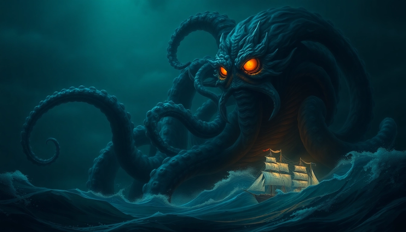 The kraken depicted as a giant sea monster with glowing eyes attacking an old ship in deep dark