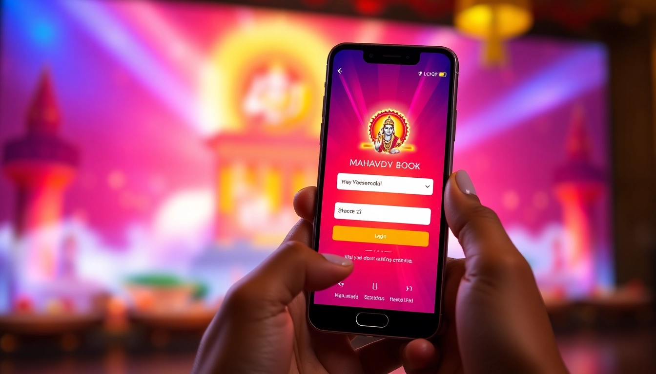 Secure Mahadev book login process on mobile device with Indian-themed visuals and user interface