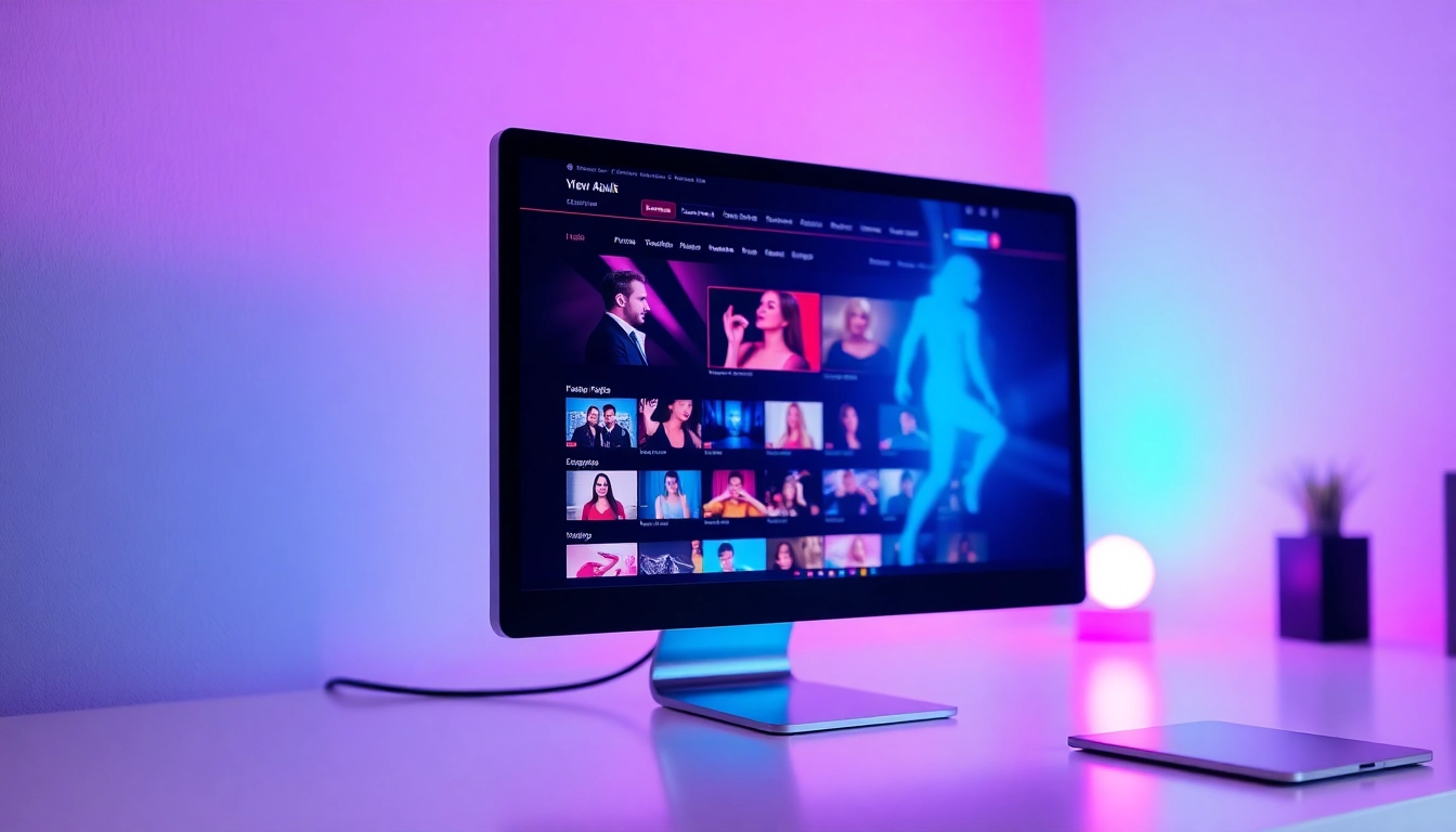 Computer screen displaying an adult entertainment website homepage with colorful video thumbnails and dark theme