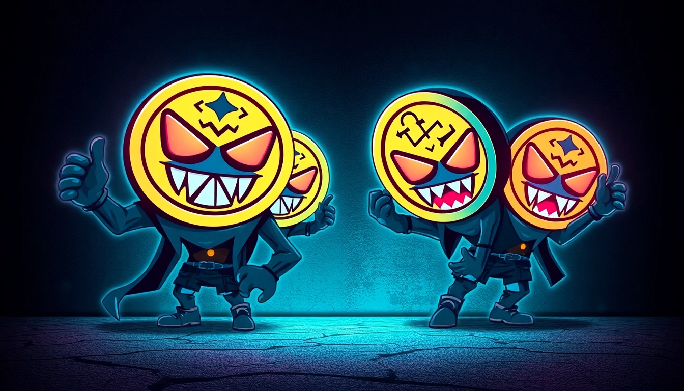 Vivid illustration of a Meme Coin For Rebels with rebellious symbols, blockchain themes, and