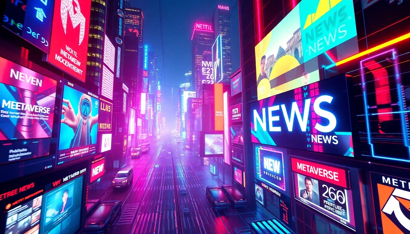 Metaverse News updates displayed on holographic screens in a futuristic digital cityscape for