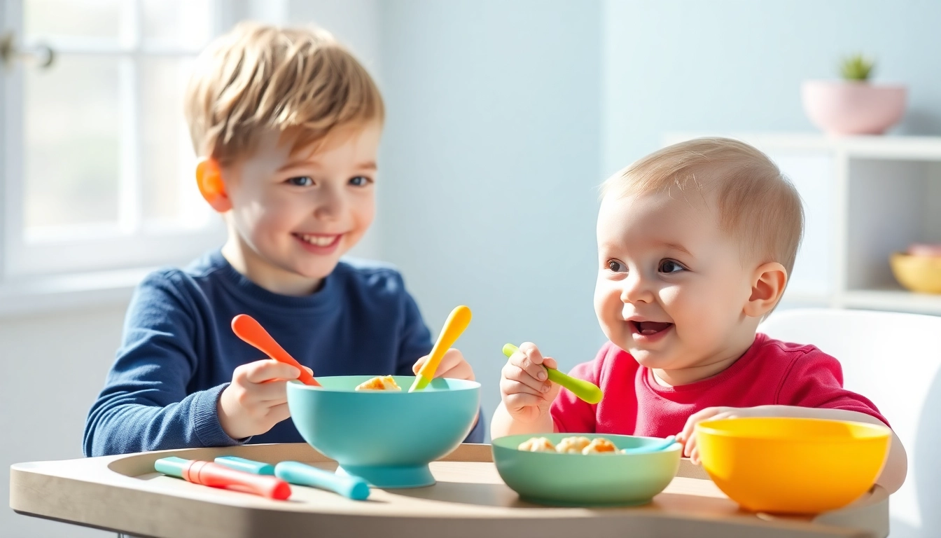 Baby feeding set for weaning with colorful silicone utensils and bowls showing safe, practical