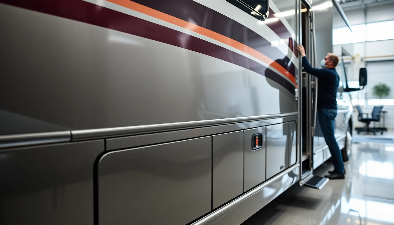 Professional applying Wohnmobil Politursiegelung to a gleaming motorhome with high-gloss finish