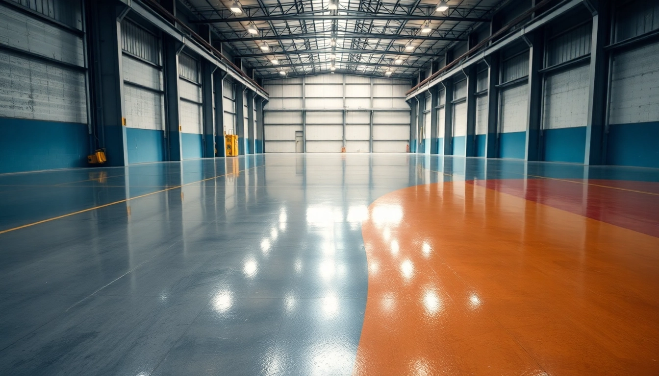 Professional epoxy resin floor being sealed with vibrant colors and a glossy finish for a